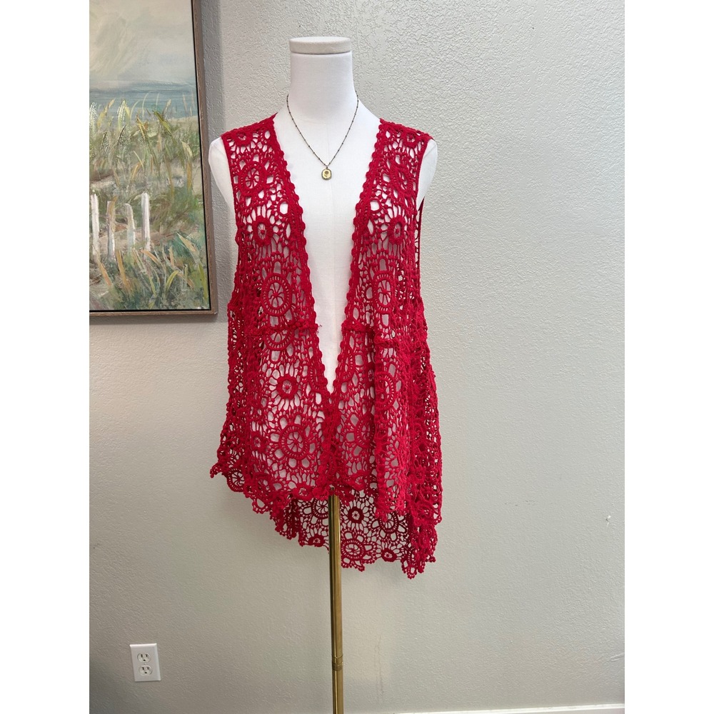 Red Crochet Lace Vest Boho Floral Cotton Open Front Cover Up OS